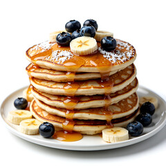 A tall stack of pancakes topped with fresh blueberries and banana slices drizzled with maple syrup, photography of food concept.