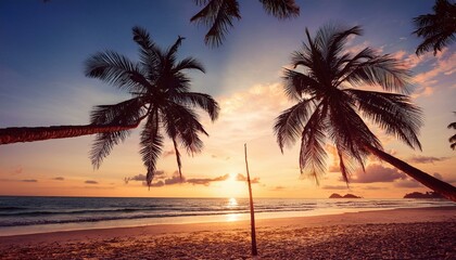 Fototapeta premium Sunset On The Beach - Palm Trees Silhouettes On Tropical Beach At Sunset.