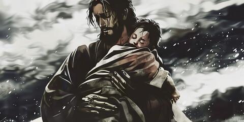 Man Holding Sleeping Child Against Stormy Sky