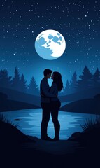 Obraz premium Romantic Couple Embracing Under Full Moon in Enchanting Starry Night Landscape