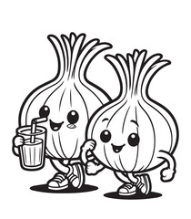 Coloring page design onion with friend enjoying drink