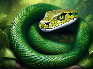 Fototapeta premium A green venomous snake slithers through the dense undergrowth and shadows of the jungle. Its sharp yellow eyes reveal a powerful and dangerous creature.