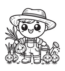 Coloring page design onion gardener illustration