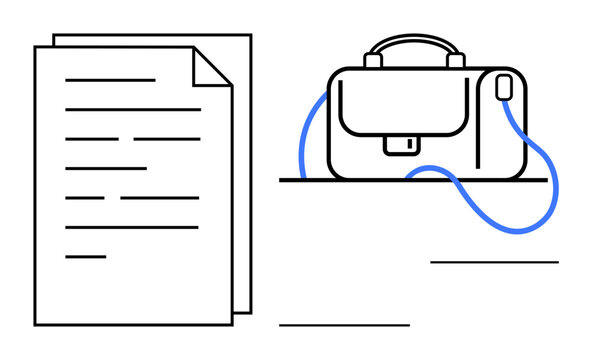 recommend clip art: Business documents and briefcase with blue straps signify professional office work, organization, and paperwork management. Ideal for business, office, corporate settings, document management