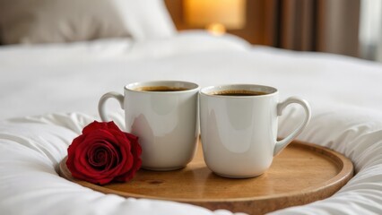 Fototapeta premium close up on a bed with white sheets there is a wooden board with two white cups of coffee and a red rose