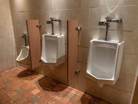 Row of white ceramic urinals in men's bathroom.