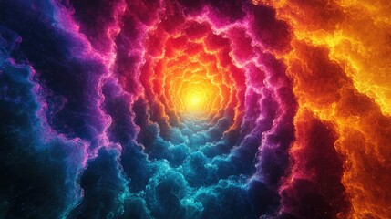 Colorful swirling clouds forming a tunnel leading to a bright light.