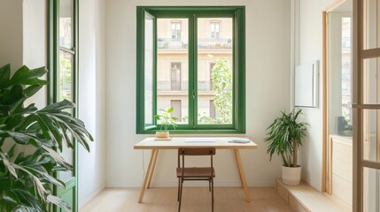 Bright minimalist home office with green window, wooden desk, chair, and plants.