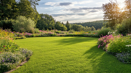 Obraz premium Green lawn and trees background with copyspace. Nature background concept. Generative AI