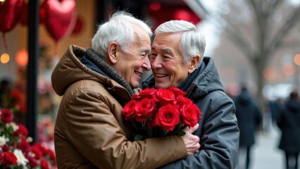 old gray-haired man smiling happily and holding a bouquet of red roses, hugging an old gray-haired man on blurred background of a flower shop with heart-shaped red balloons, valentine's day LGBTQ