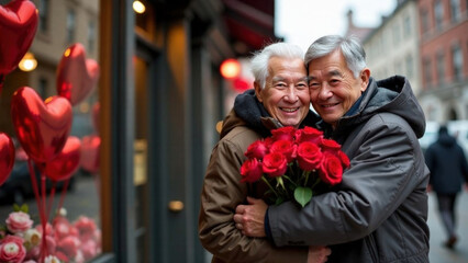 elderly gray-haired man in a gray winter jacket hugs an old gray-haired happy man in a brown jacket with a bouquet of red roses on the background of flower shop with heart-shaped balloon