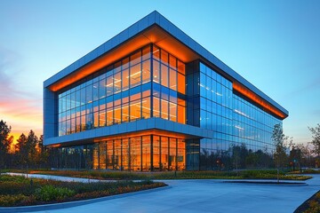 Obraz premium Modern Building Architecture at Night with Illuminated Facade