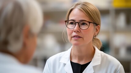 A friendly audiologist explaining hearing support options to an elderly patient in a clinic
