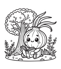 Coloring page education onion reading book under tree