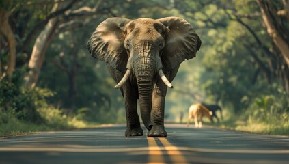 Obraz premium Elephant Walking on a Road in a Forest