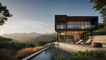 Obraz premium Luxury modern house and black steel elements,hotel-style interiors blending Indian and Indonesian aesthetics. Set in varied natural landscapes. (AI-generated)