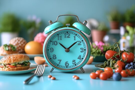 Alarm clock and plate with fork on a blue background, a flat lay concept of a master weight loss plan or a minimal meal calendar design 
