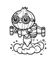 Coloring page design onion with rocket ready to flight