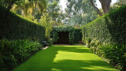 Obraz premium A serene garden pathway lined with lush greenery leading to a secluded entrance.