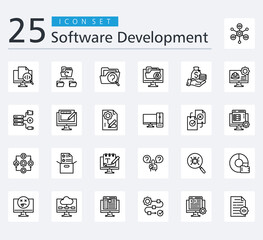 SOFTWARE DEVELOPMENT ICON SET OUTLINE STYLE with framework, source code, backup, case file, data security, budget, engineer, data storage, graphic design and prototyping