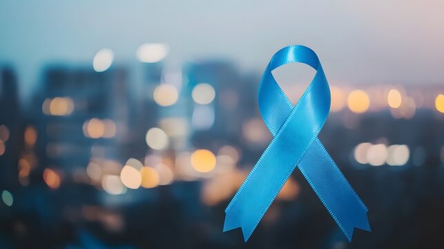 Blue Ribbon Against City Lights Background