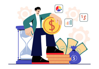 Businessman Investor Illustration featuring Mutual Funds, Assets, Economic Growth, Financial Gains, and Increased Earning Profits in a Background