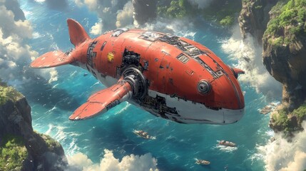 Futuristic Whale Ship Soaring Above Tropical Island