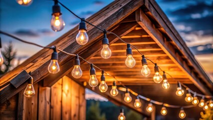 Close-up of warm glowing string lights hanging from a wooden roof at dusk, string lights, hanging, warm, glowing, wooden, roof