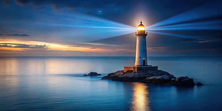 Solitary lighthouse beaming light over calm sea at night , Lighthouse, beacon, solitary, powerful, shining, calm, sea