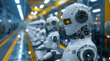 Fototapeta premium Autonomous AI Robots Strategically Configured for Complex Tasks in a High-Tech Environment