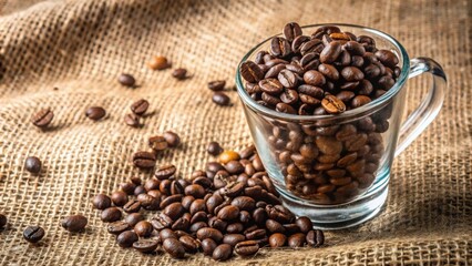 Fototapeta premium Closeup of dark brown coffee beans falling into a glass cup on jute fabric background, coffee, beans, macro, closeup, flow, drop, pan