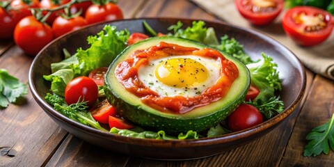 A delicious avocado egg dish with tomato sauce and fresh salad , healthy, food, breakfast, brunch, gourmet
