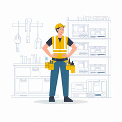 Home improvement professional working with tools and toolbelt simple drawing inside with shelving illustration yellow safety vest