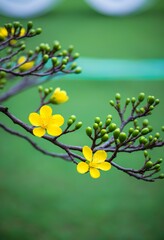 Closeup of delicate yellow apricot blossoms on slender branches, buds, and a blurred green background. Symbol of spring.