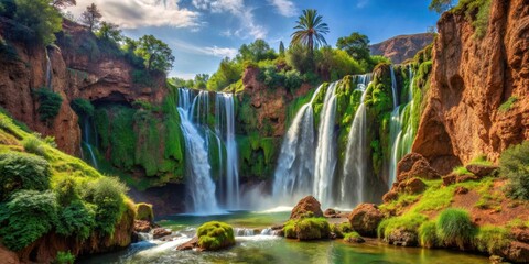 Majestic Ouzoud Waterfall in Morocco surrounded by lush greenery and cascading water, Morocco, Ouzoud, Waterfall