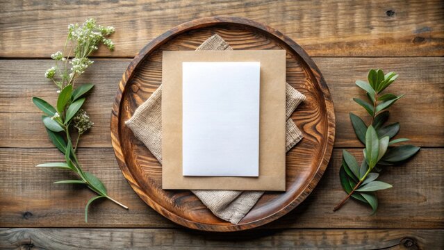 5x7 invitation card mockup displayed on a rustic wooden plate , invitation, card, mockup, 5x7, wooden, plate, rustic, design