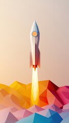 Launch vision branding concept. Rocket launching from a colorful geometric landscape.