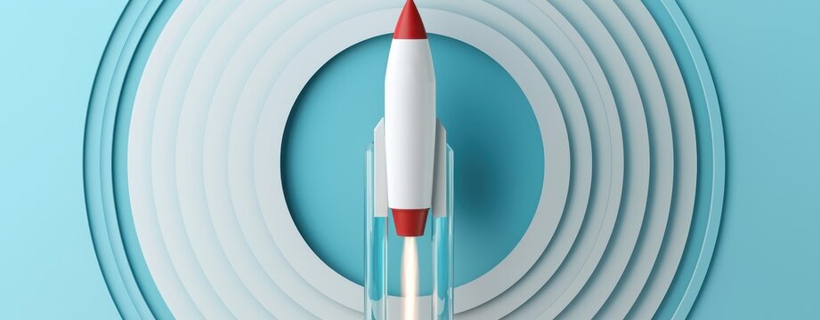 Launch vision branding concept. Rocket launching from a circular base on a blue background.