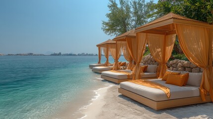 Luxury beach cabanas with daybeds on sandy shore.