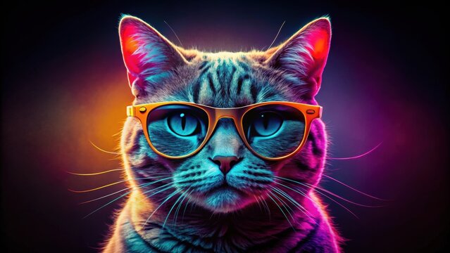 Cat wearing stylish neon shades and glasses on a dark background, cat, glasses, shades, neon, stylish, cool, feline