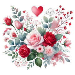 Watercolor style colorful rose bouquet, transparent background