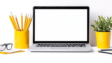 Fototapeta premium Modern Workspace Laptop Pencils Plant Glasses Mockup