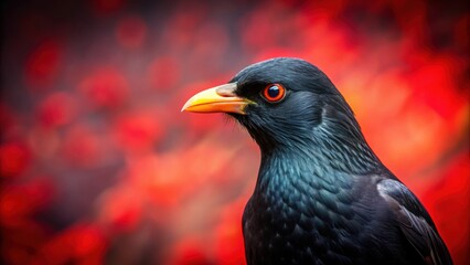 Striking black bird against vibrant red backdrop, showcasing intricate details and fierce gaze, bird, black