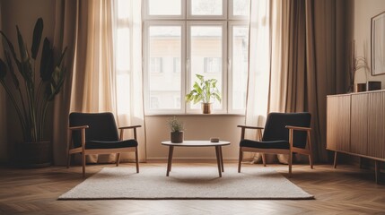 Sunlit living room with armchairs, coffee table, and plants.