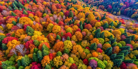 Aerial drone view of a colorful autumn forest , drone, aerial, view, autumn, forest, colorful, trees, foliage, nature
