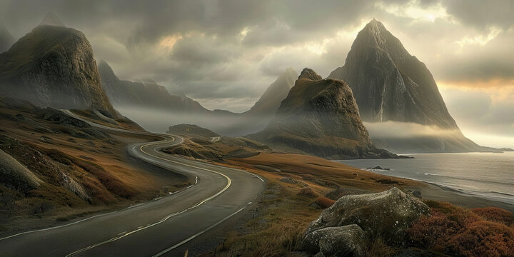 Coastal Road and Mountain Range in Misty Conditions - Powered by Adobe