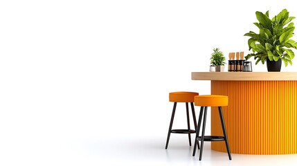 Modern Orange Bar Counter Two Stools Plants Minimalist Interior Design