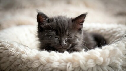 Cute black fluffy kitten peacefully sleeping in a comfortable bed, sleeping, cat, kitten, black, fluffy, cute, cozy, comfortable