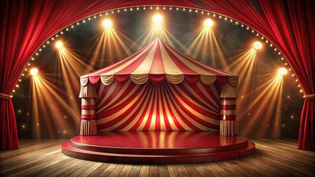 Circus podium stage under red theater tent with vintage spotlights, circus, podium, stage, red, theater tent