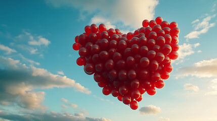 Red balloons forming the shape of a heart floating in the sky